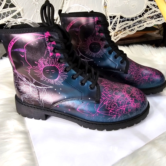 A Gothic Universe Shoes - Women's Ankle Combat Moto Boots | Celestial Pattern Leather Lace-up Black Pink 8